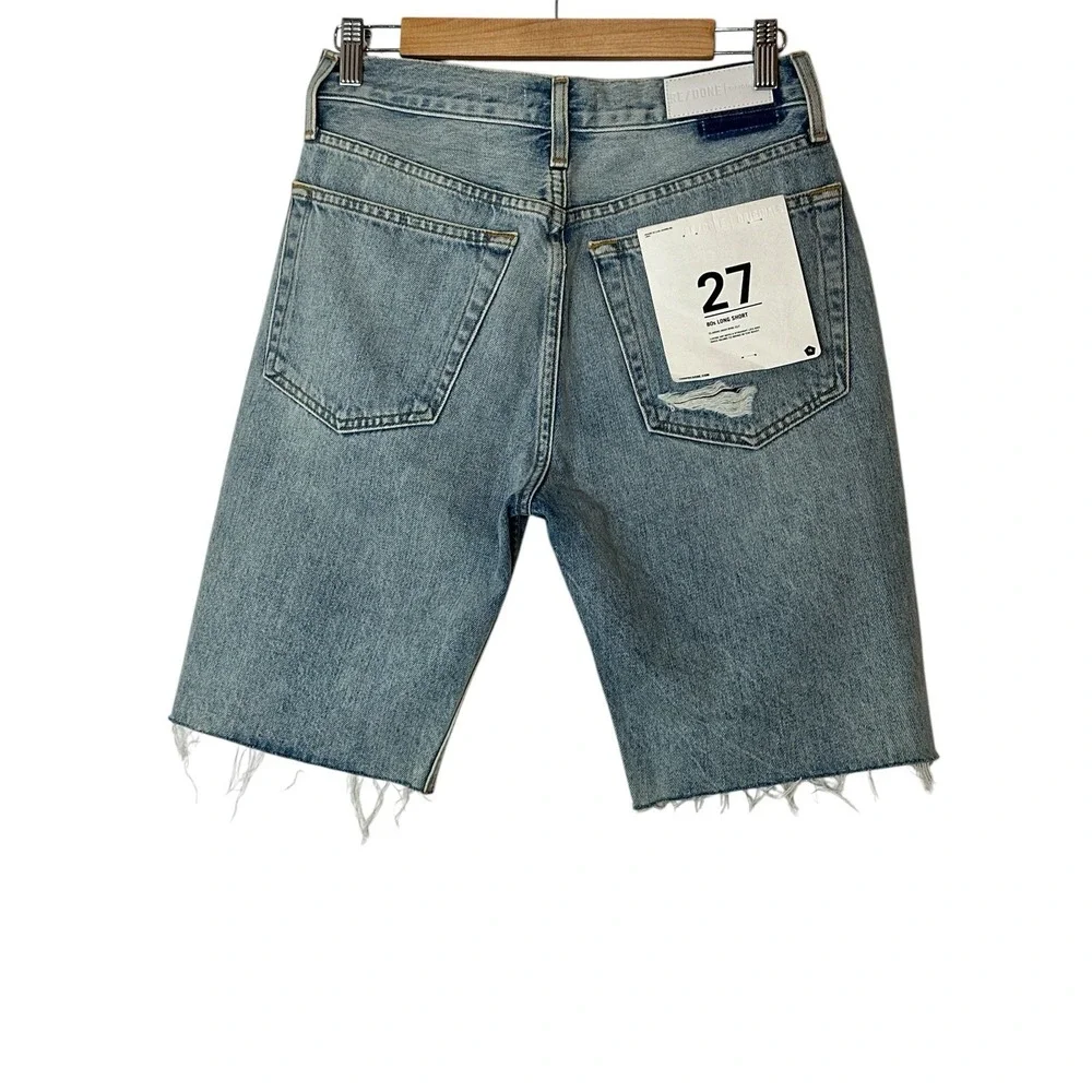 Re/Done 80's Long Short High Rise Jean 27 Denim Blue Raw Hem Button Fly New